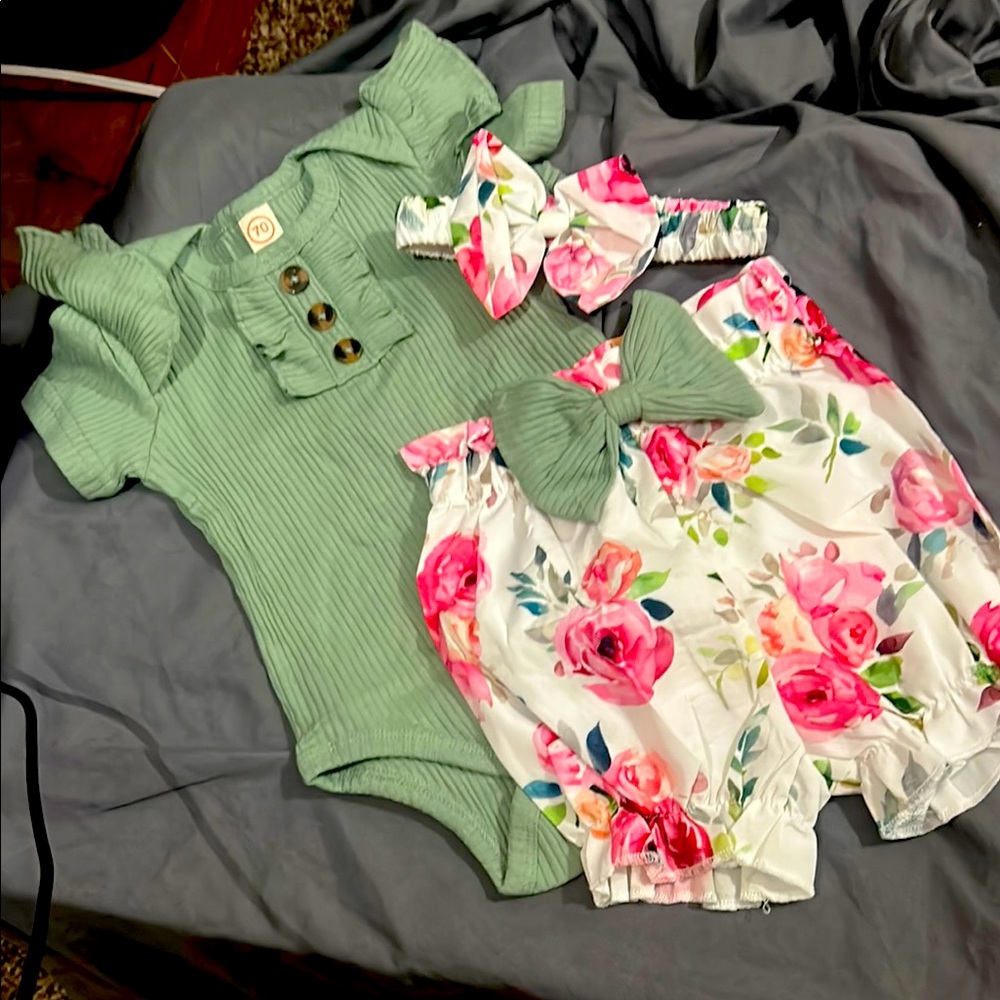 Green Ruffled Baby Onesie with Floral Shorts and Headband